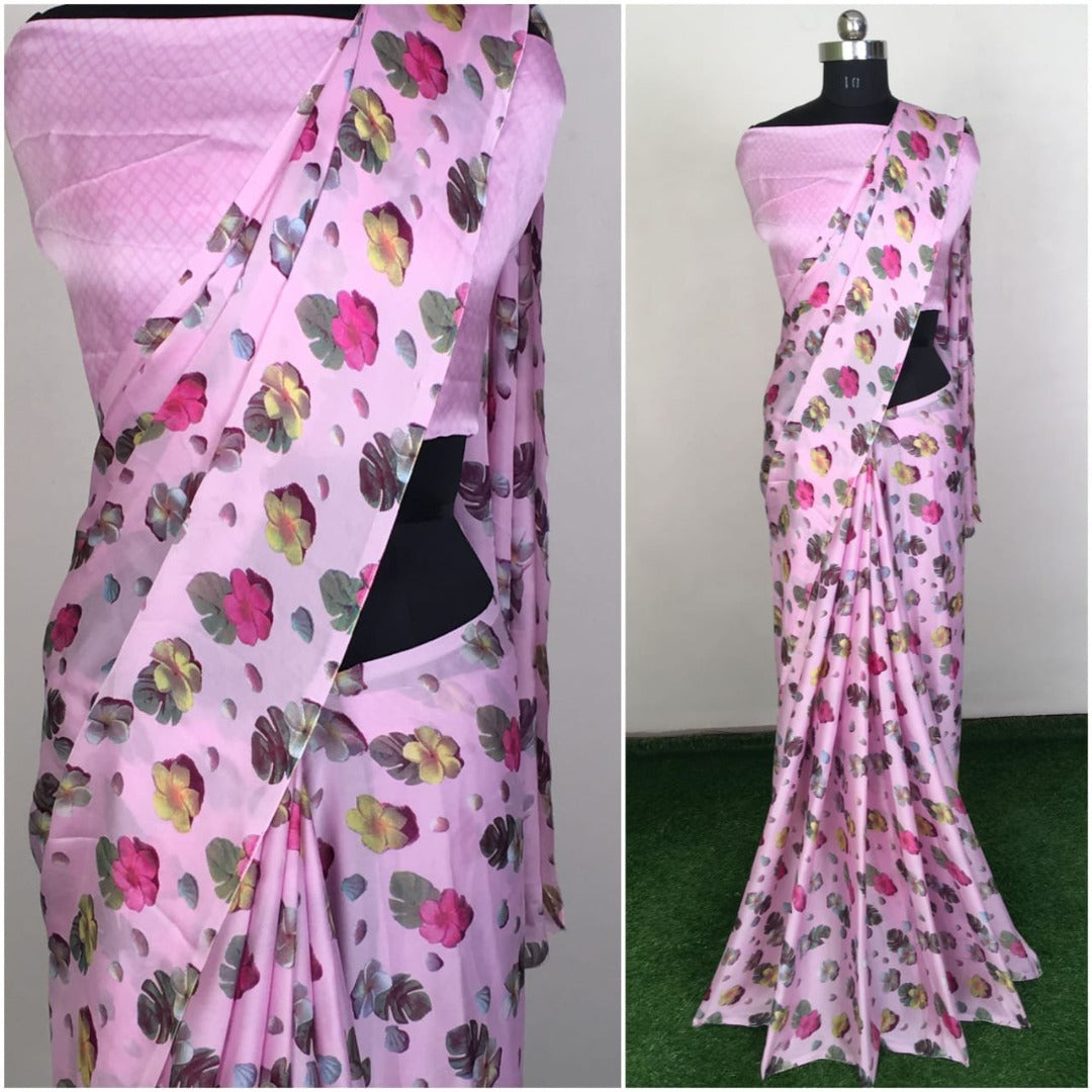 Sea green satin georgette printed saree