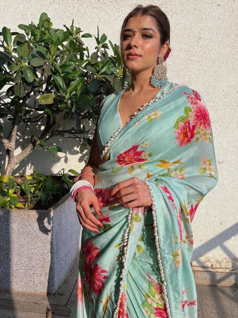 Sea green satin silk flower printed tassel border saree