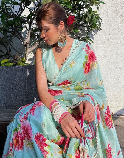 Sea green satin silk flower printed tassel border saree