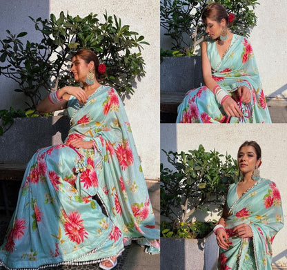Sea green satin silk flower printed tassel border saree