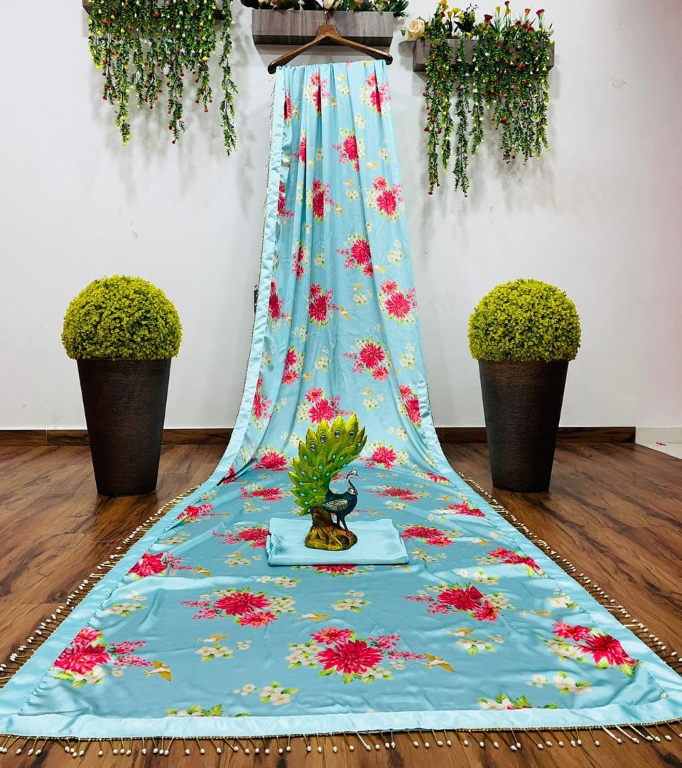 Sea green satin silk flower printed tassel border saree