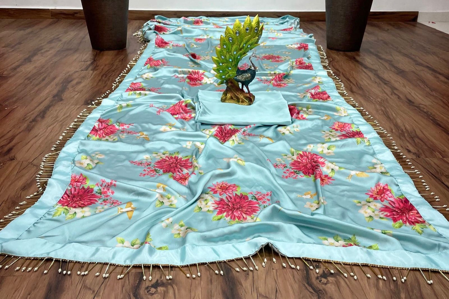 Sea green satin silk flower printed tassel border saree