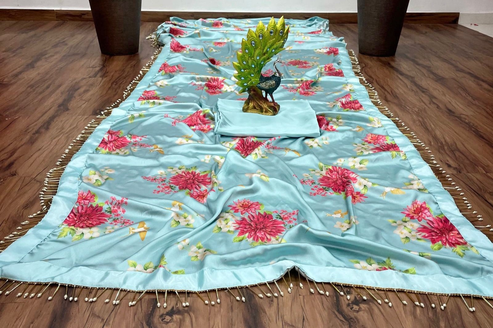 Sea green satin silk flower printed tassel border saree