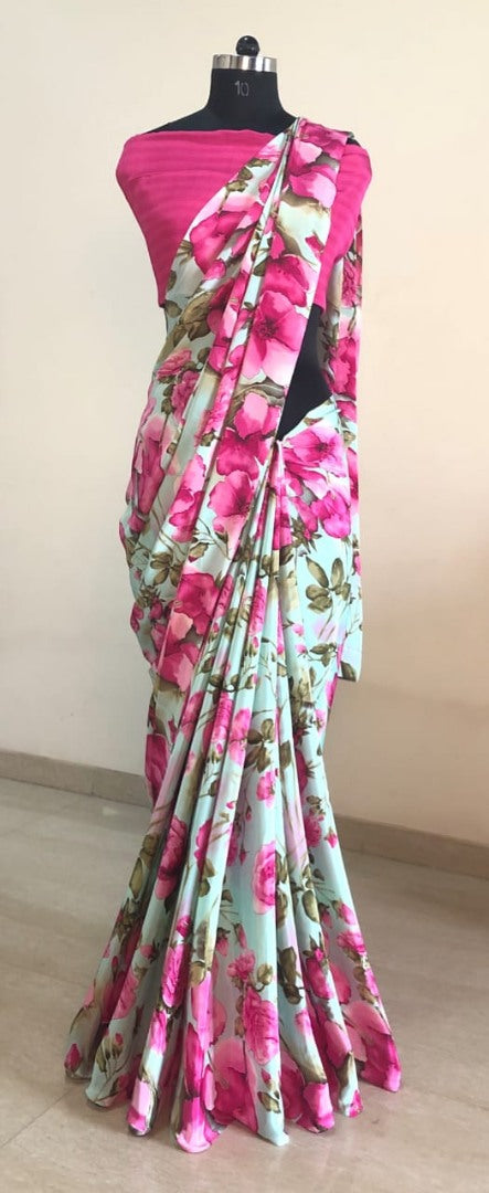 sea green silk crape pink floral printed casual wear saree