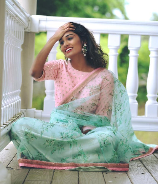 sea green silk digital printed saree