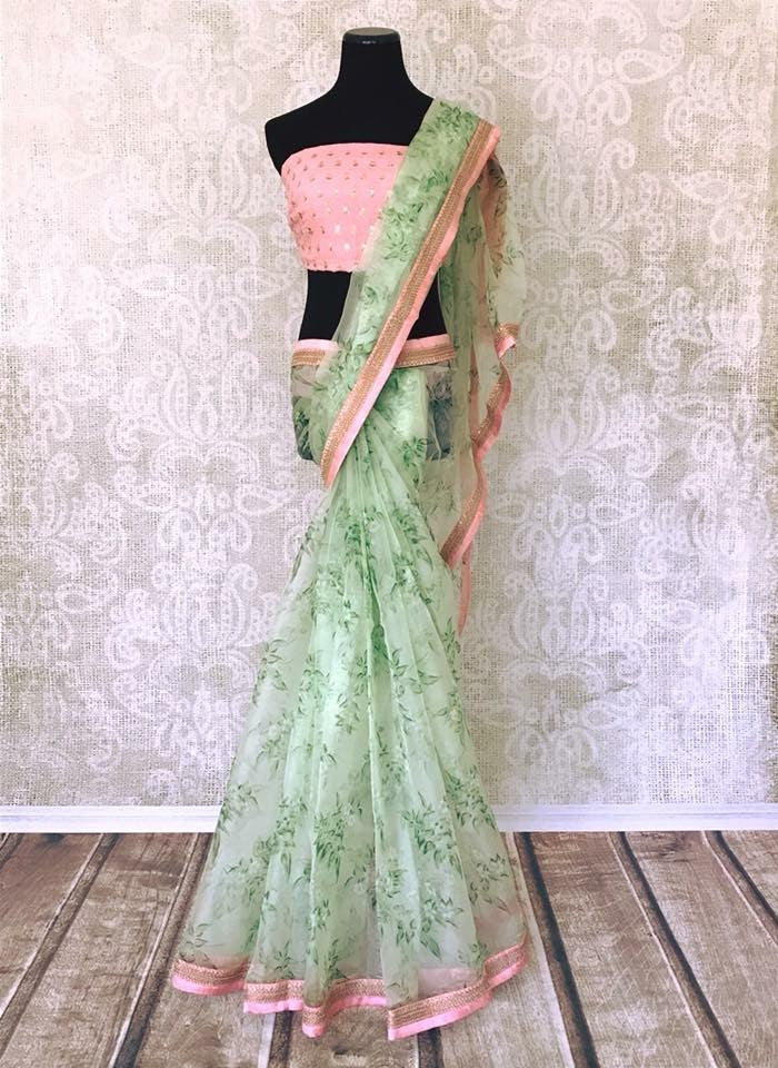 sea green silk digital printed saree