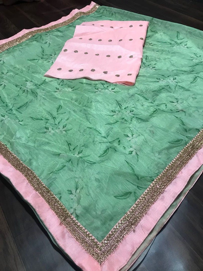 sea green silk digital printed saree