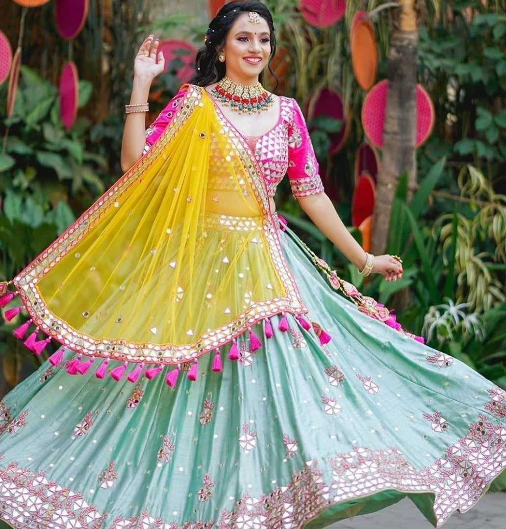 Sea green soft butter silk digital printed mirror work ceremonial wear lehenga choli