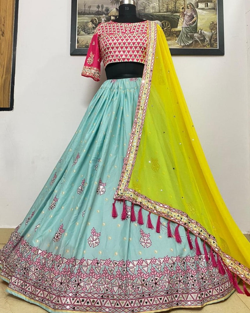 Sea green soft butter silk digital printed mirror work ceremonial wear lehenga choli