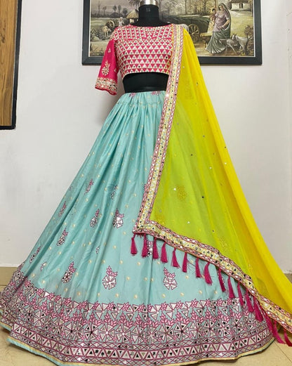 Sea green soft butter silk digital printed mirror work ceremonial wear lehenga choli