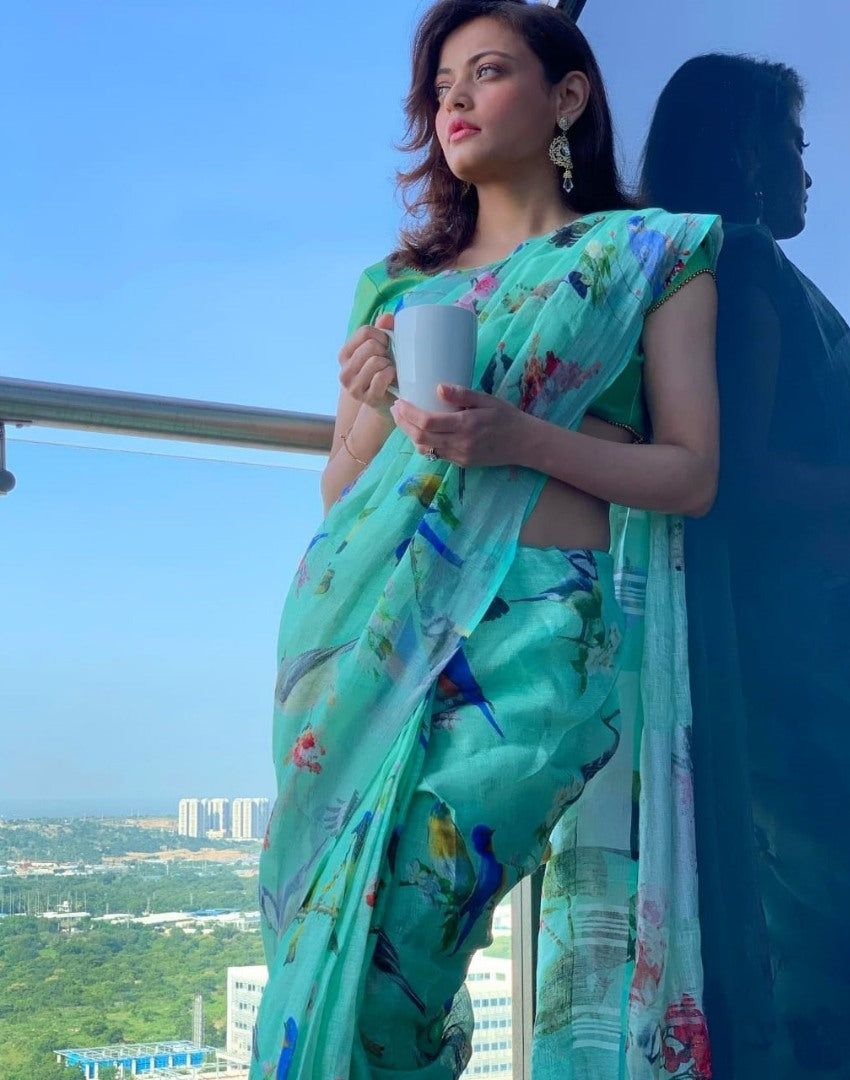 Sea green soft cotton digital bird printed work saree