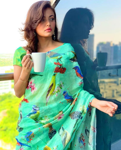 Sea green soft cotton digital bird printed work saree