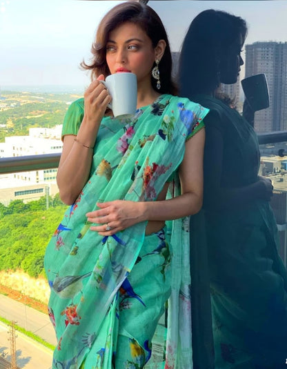 Sea green soft cotton digital bird printed work saree