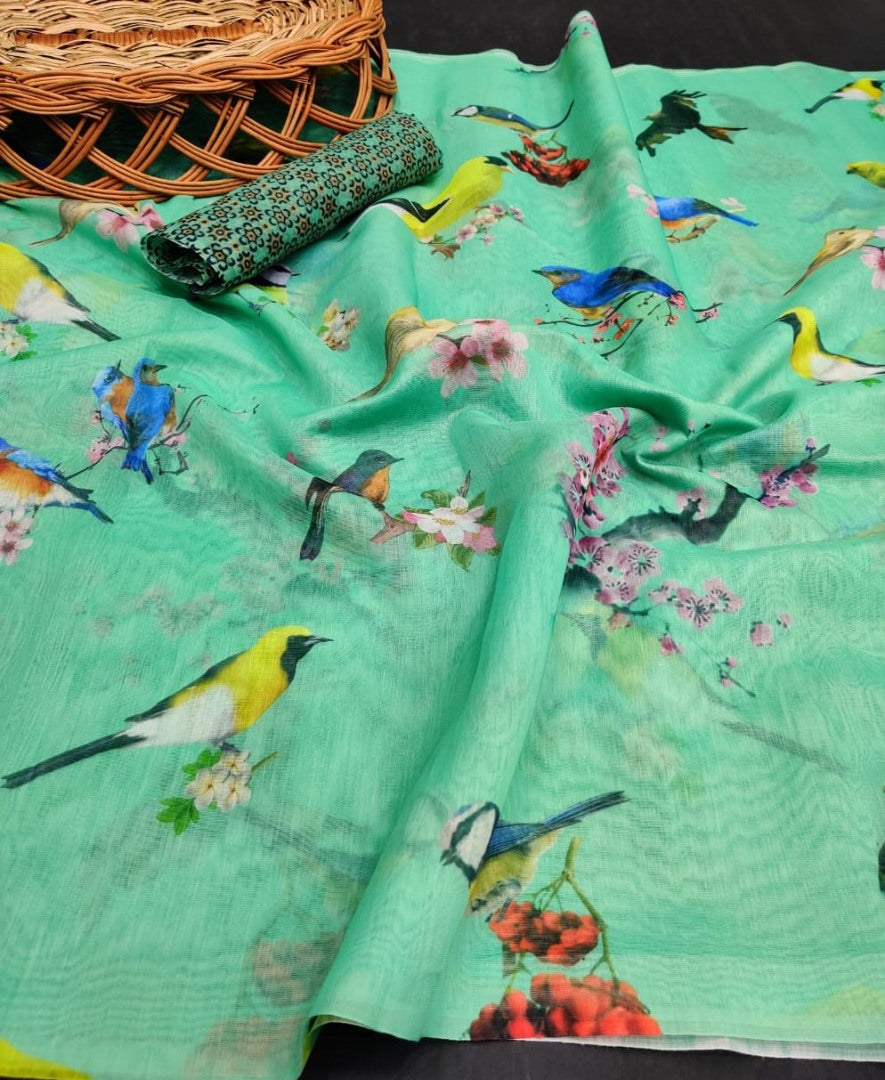Sea green soft cotton digital bird printed work saree