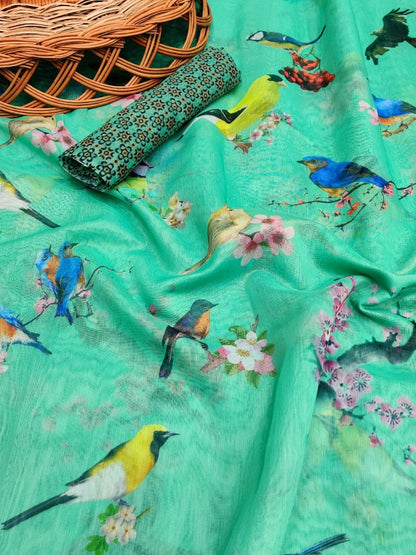 Sea green soft cotton digital bird printed work saree