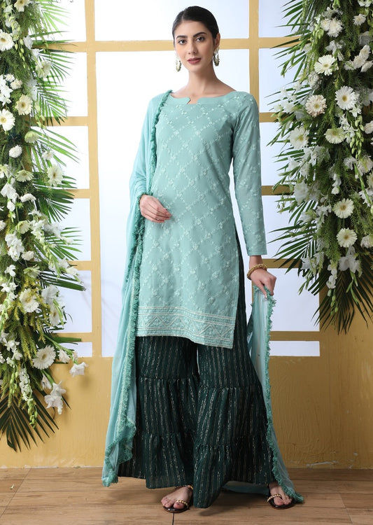 Sea green soft cotton sharara salwar suit