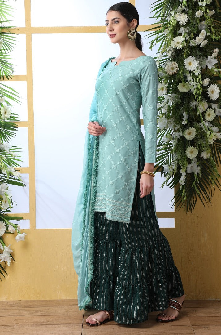 Sea green soft cotton sharara salwar suit