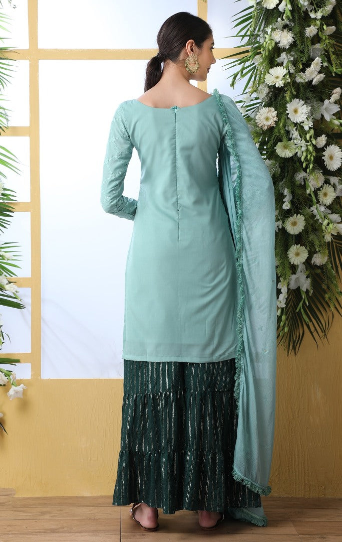 Sea green soft cotton sharara salwar suit