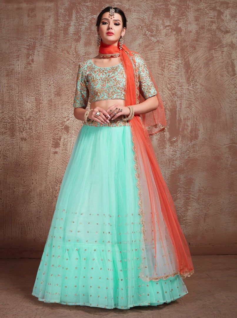 sea green soft net embroidered wedding lehenga choli