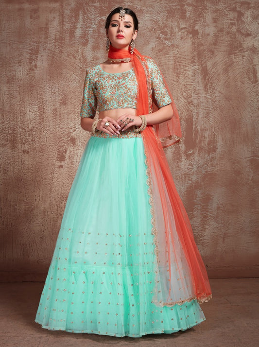 sea green soft net embroidered wedding lehenga choli