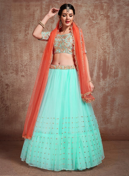 sea green soft net embroidered wedding lehenga choli