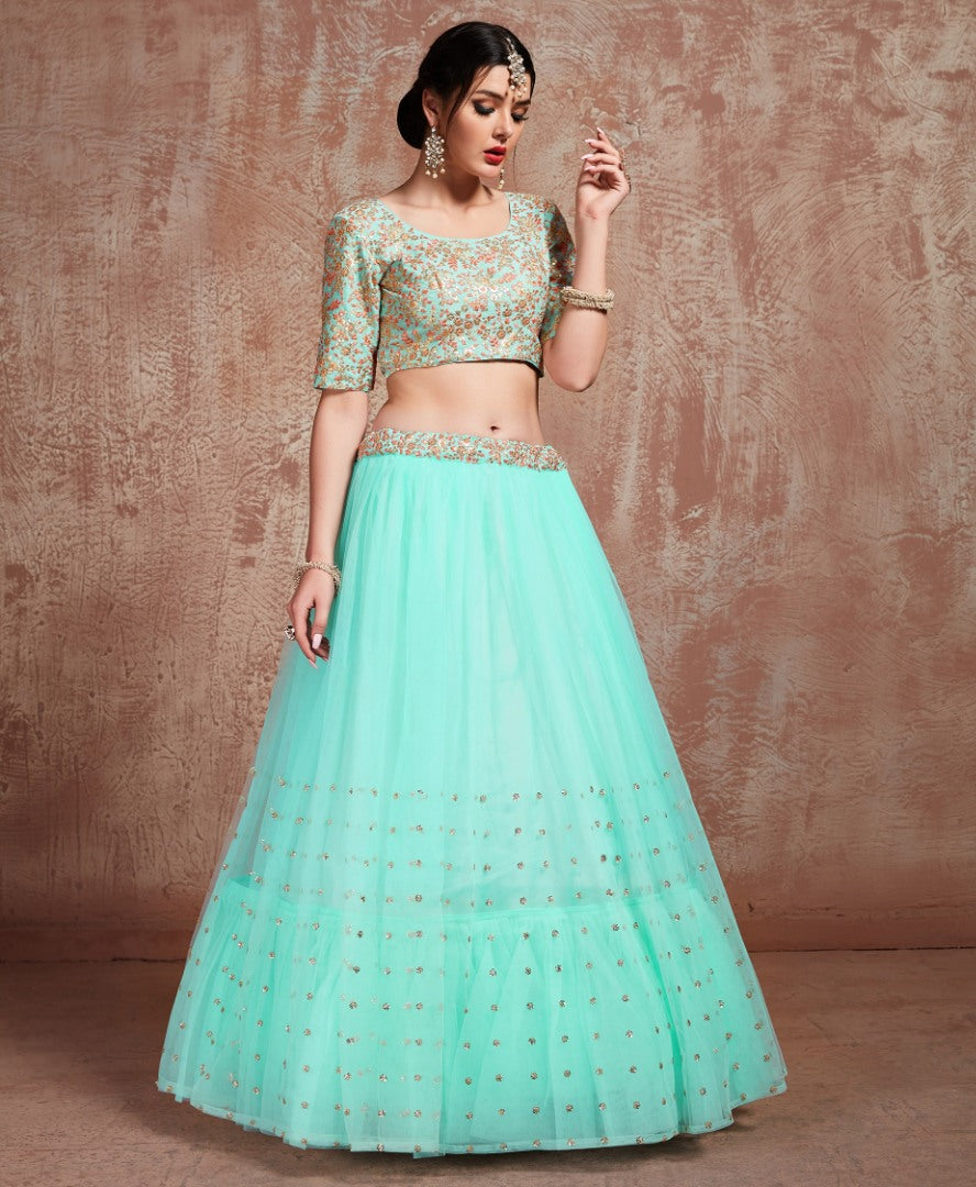 sea green soft net embroidered wedding lehenga choli