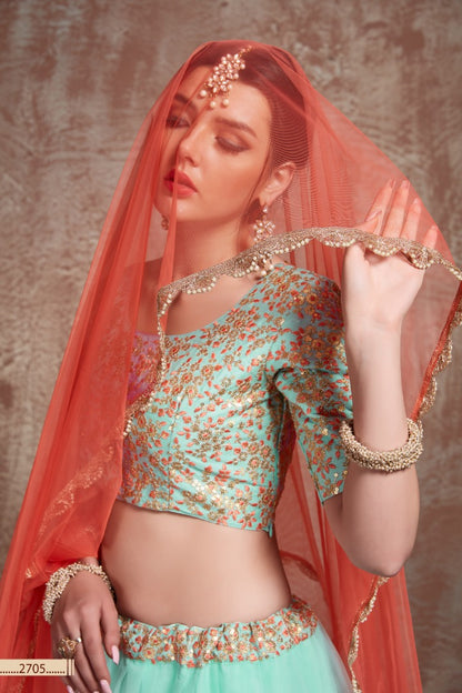 sea green soft net embroidered wedding lehenga choli