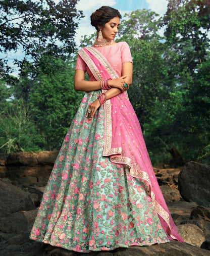 Sea green soft net sequence thread work bridal lehenga choli