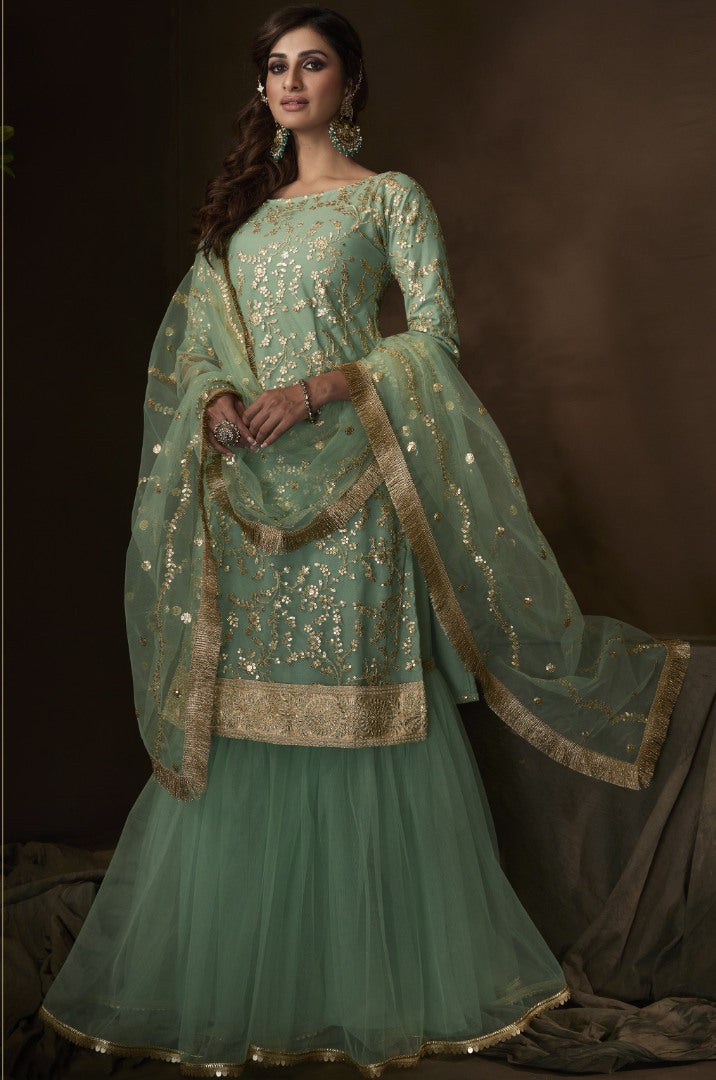 Sea green soft net sequence work ceremonial sharara salwar suit