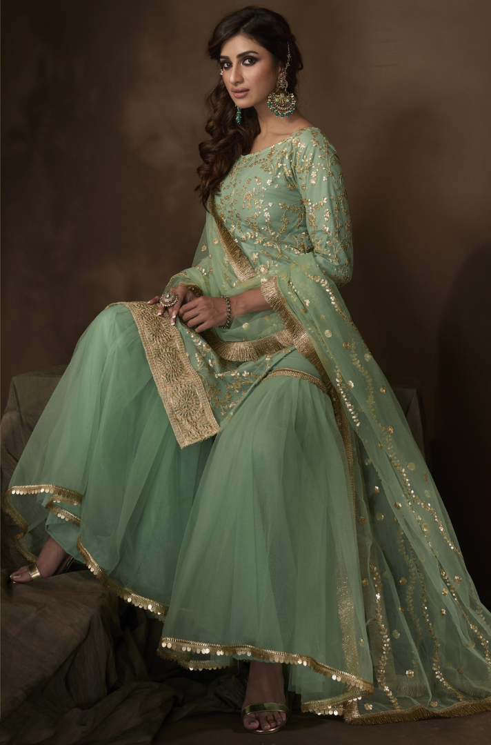 Sea green soft net sequence work ceremonial sharara salwar suit