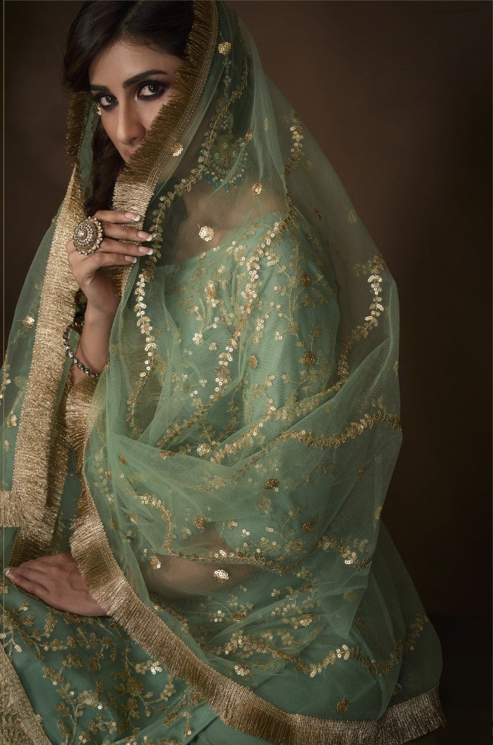 Sea green soft net sequence work ceremonial sharara salwar suit