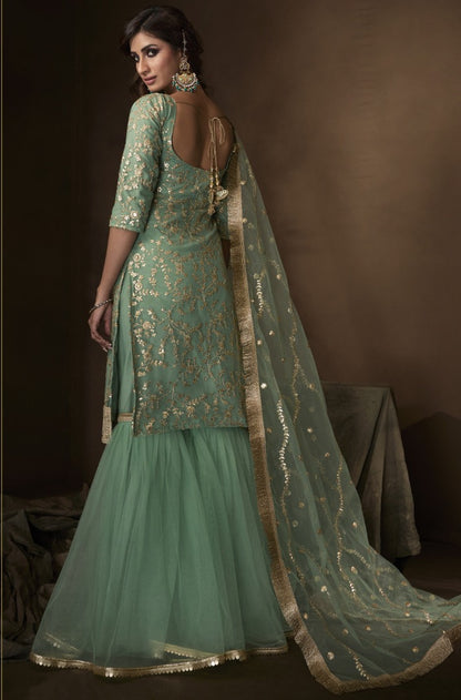 Sea green soft net sequence work ceremonial sharara salwar suit