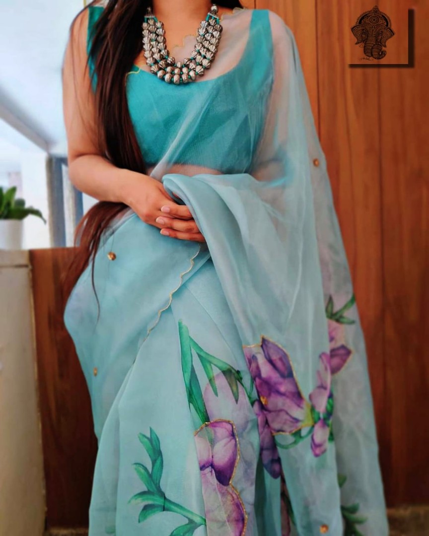 Sea green soft organza digital floral printed work saree