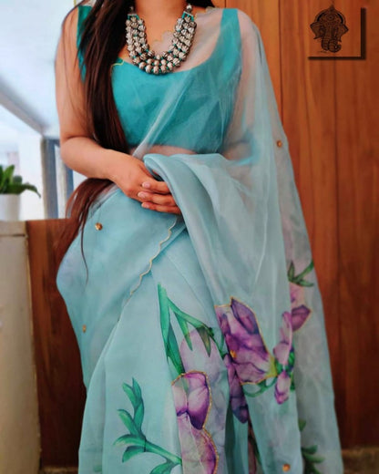 Sea green soft organza digital floral printed work saree