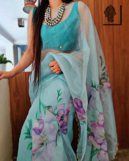 Sea green soft organza digital floral printed work saree