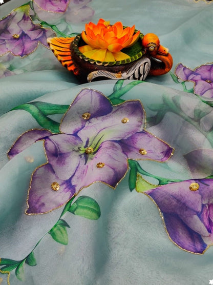 Sea green soft organza digital floral printed work saree