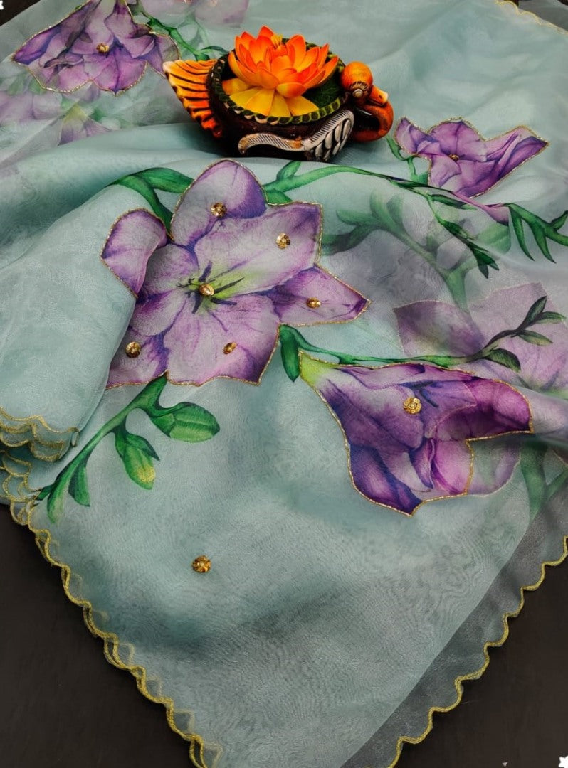 Sea green soft organza digital floral printed work saree