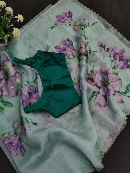 Sea green soft organza digital floral printed work saree