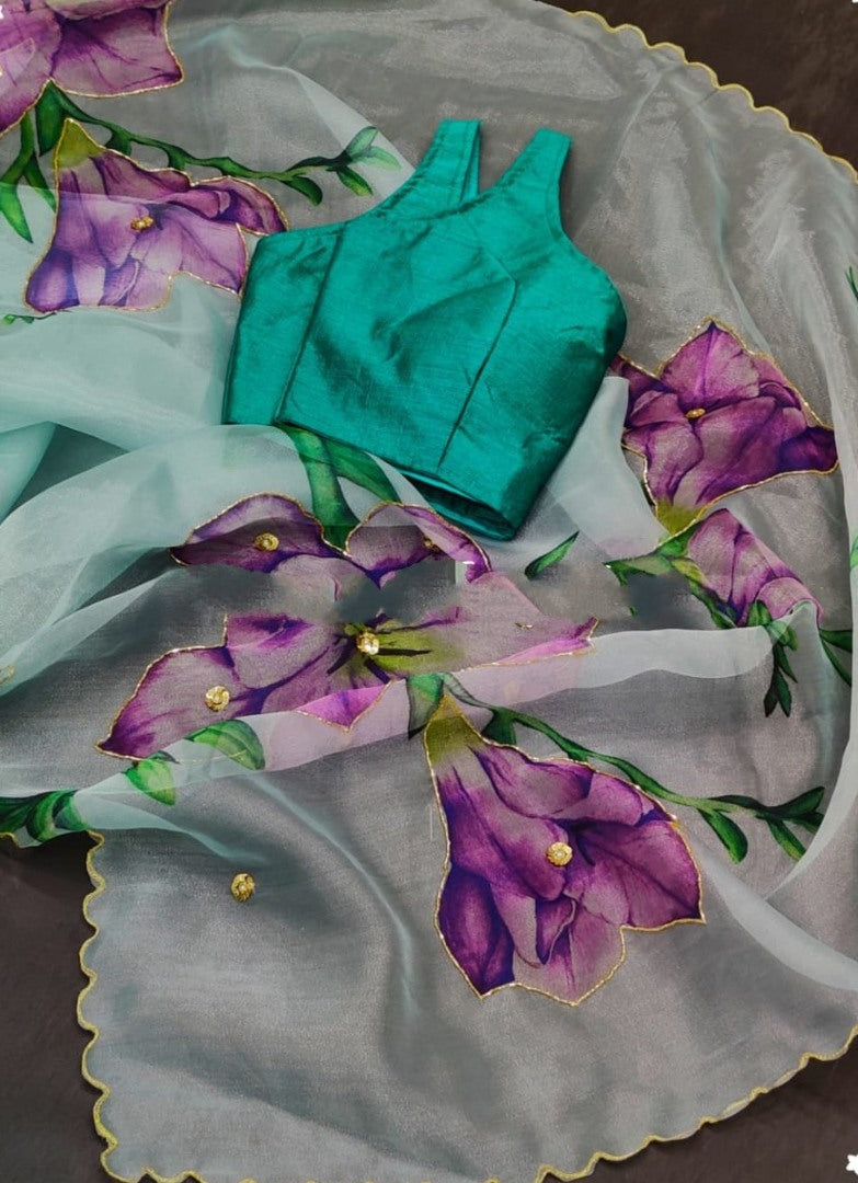 Sea green soft organza digital floral printed work saree