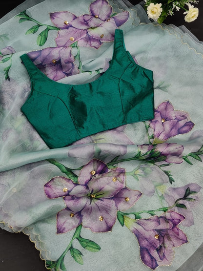 Sea green soft organza digital floral printed work saree