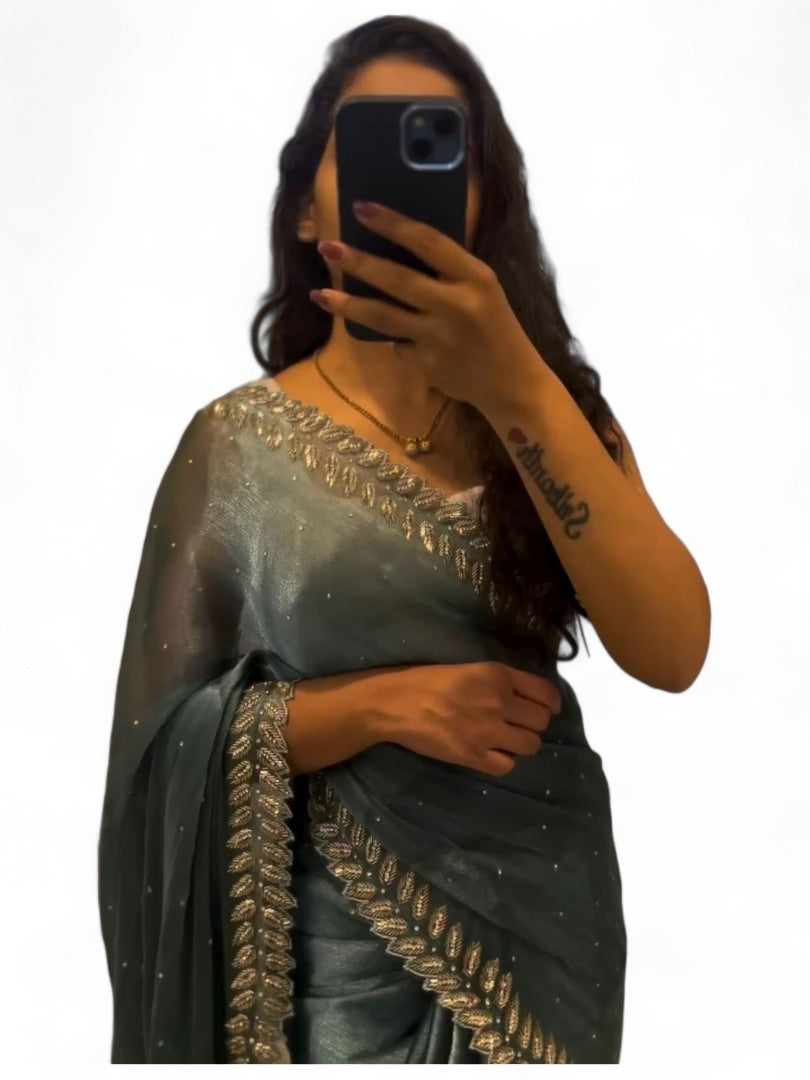 Sea green stylish fancy party wear saree