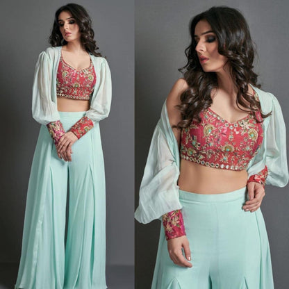 Sea green tapeta silk indowestern plazzo suit with shrug