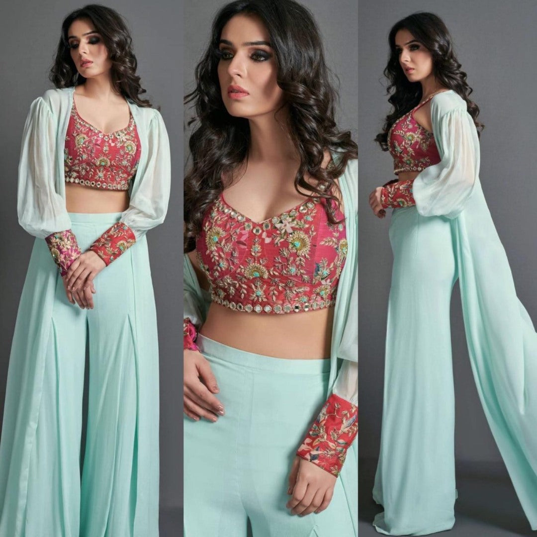 Sea green tapeta silk indowestern plazzo suit with shrug