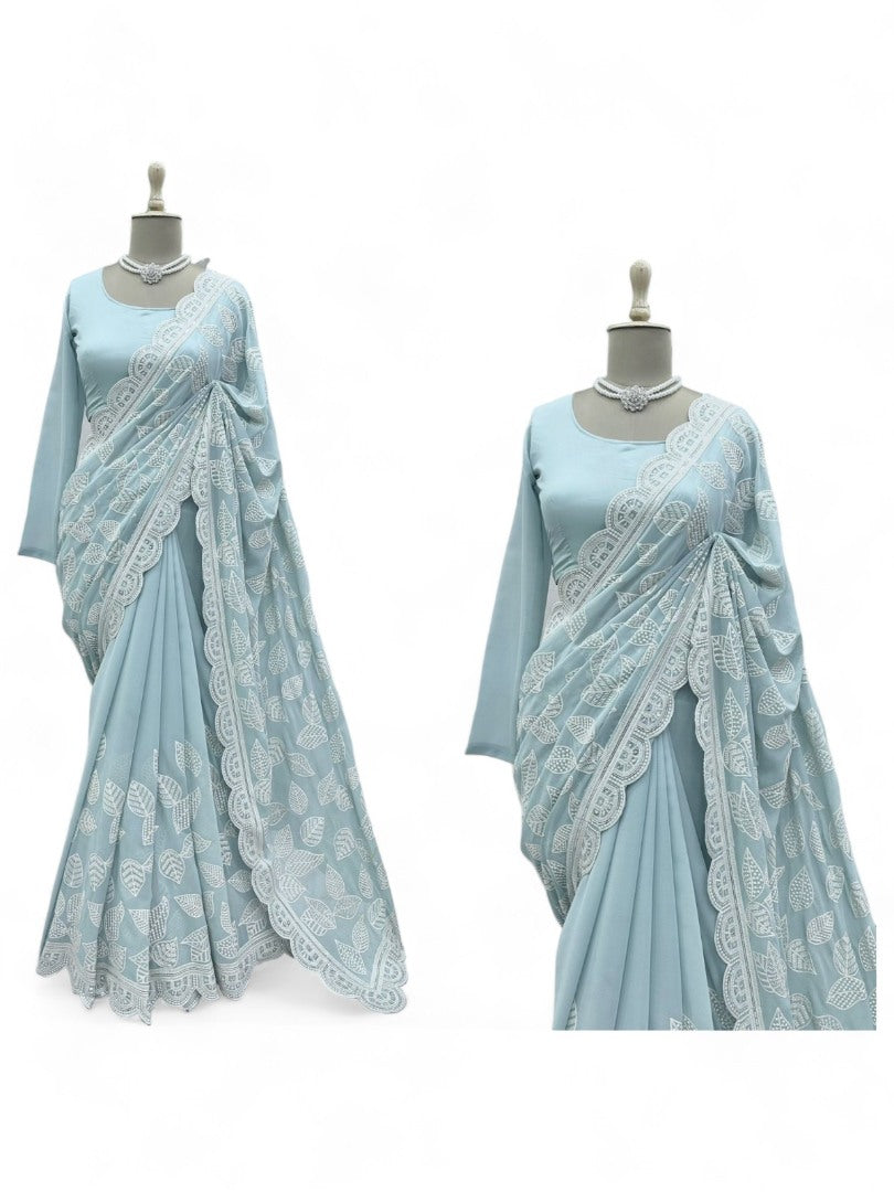 Sea green thread sequence work designer saree