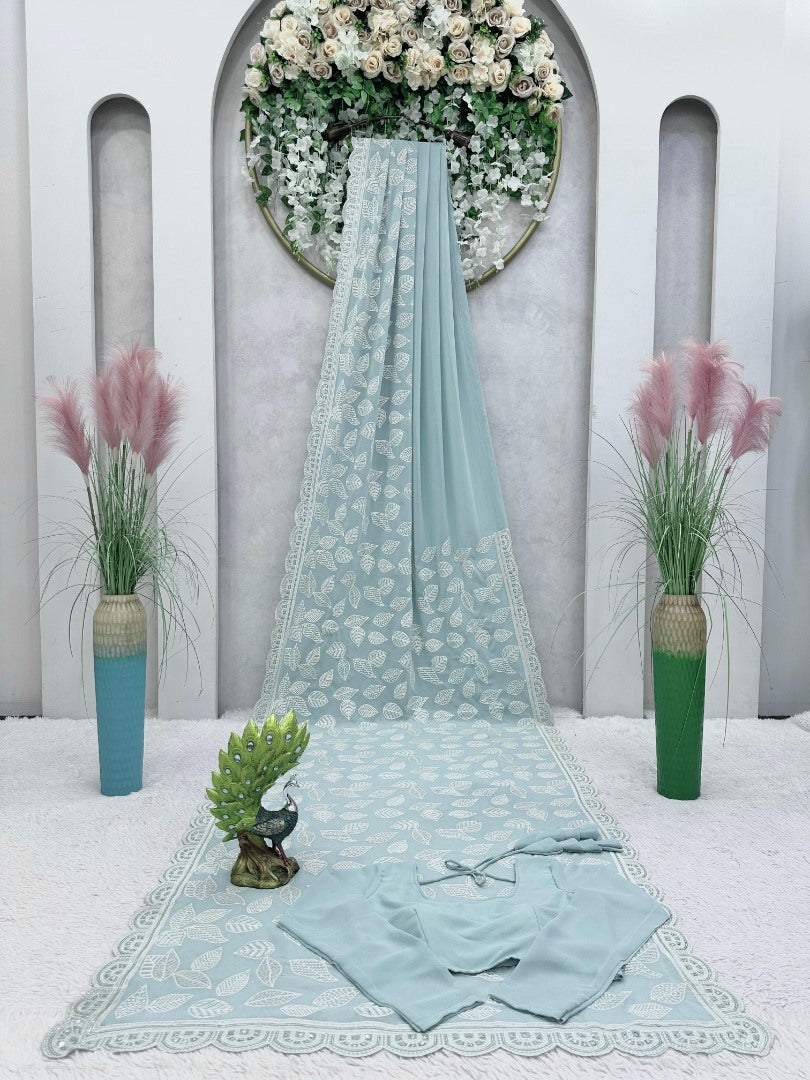 Sea green thread sequence work designer saree