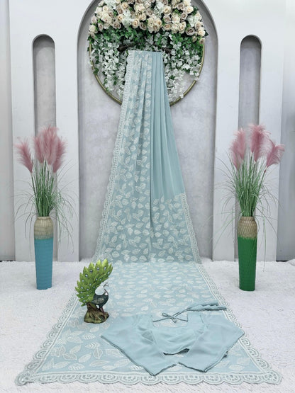 Sea green thread sequence work designer saree