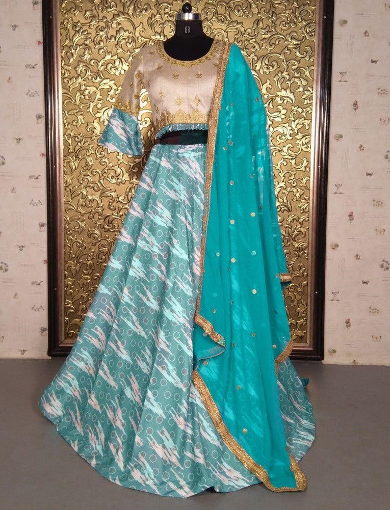 sea green twill silk printed lehenga choli