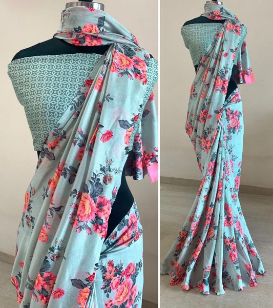 Sea green vichitra cotton party wear saree