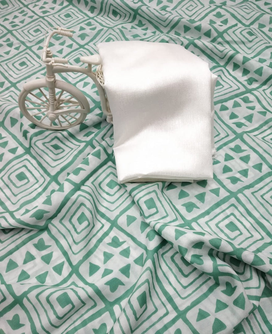 Sea green vichitra silk digital printed saree