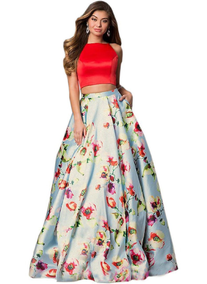 Sea green zari satin big rose flower printed crop top lehenga